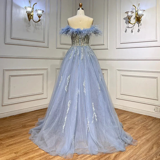 SERENE HILL 2024 Blue Feather Mermaid Luxury Beaded Evening Dresses Overskirt Formal Pink Gowns For Women Wedding Party GLA72061