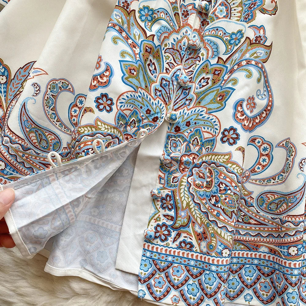 Elegant Dresses For Women 2024 V Neck Vintage Paisley Print Mini Holiday Dress Spring Ruffle Trim Long Sleeve Bohemian Dress