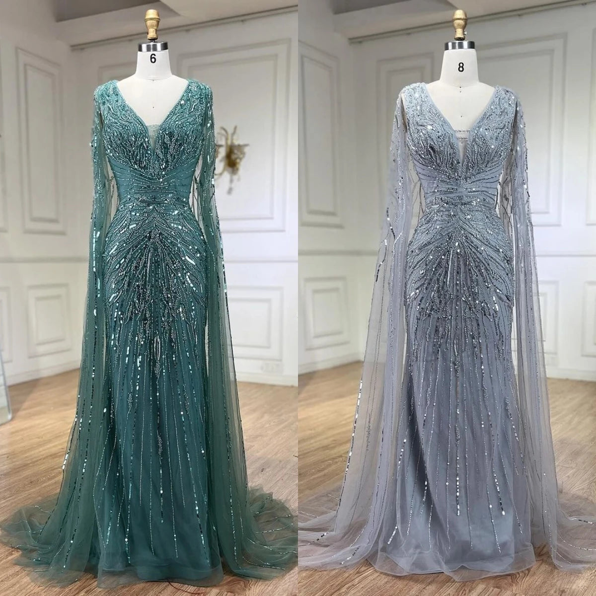 SERENE HILL 2024 Arabic Silver Mermaid Cape Sleeves Luxury Beaded Evening Dresses Formal Long Gowns Women Wedding Party GLA72239
