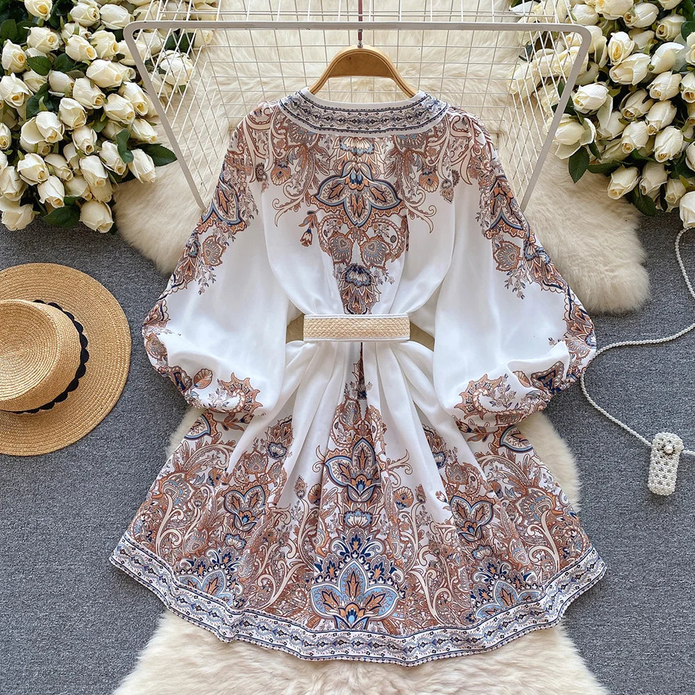 Holiday Dress For Women 2024 Bohemian Vintage Paisley Print Dress Spring 3/4 Sleeve V Neck Elegant Party Short Dresses With Belt