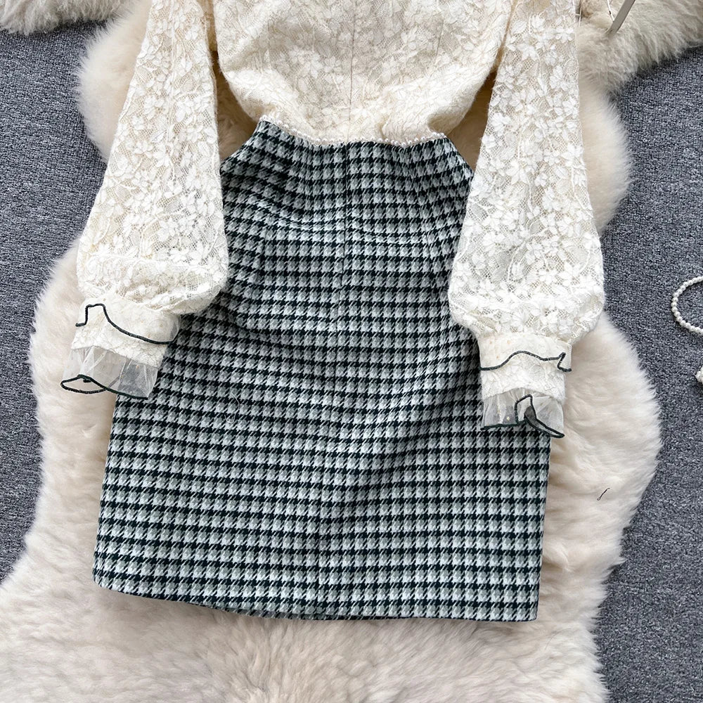 Winter Clothes Women Dresses Long Sleeve Lace Patchwork Textured Tweed Dress Ruffled Trim Lapel Collar Bow Elegant Mini Dress