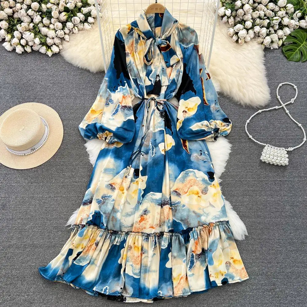 Elegant Casual A-Line Vintage Ruffle Print Long Dress Autumn Lantern Sleeve Party Boho Dresses Beach Holiday Female Vestidos