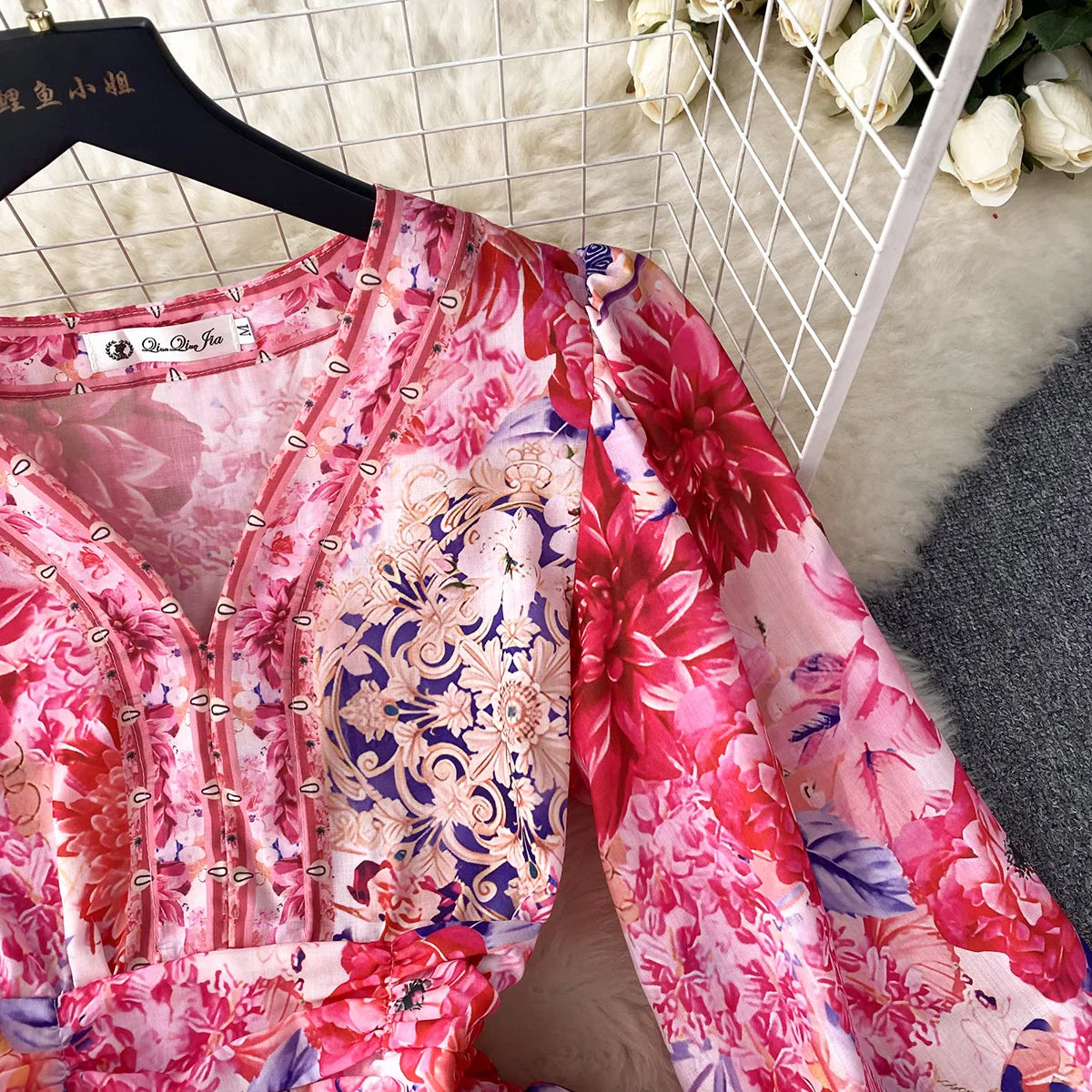 Short Dresses 2023 Fashion Women Clothing Party Elegant Vintage Floral Print Dress Womens V Neck Long Sleeve Mini Vacation Dress