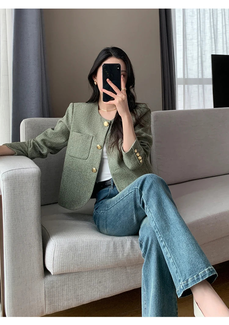 Women's Round Neck Blazer Jacket for Spring and Autumn Trendy Single Breasted Cropped Coat Small Fragrance Green Suit Outerwear
