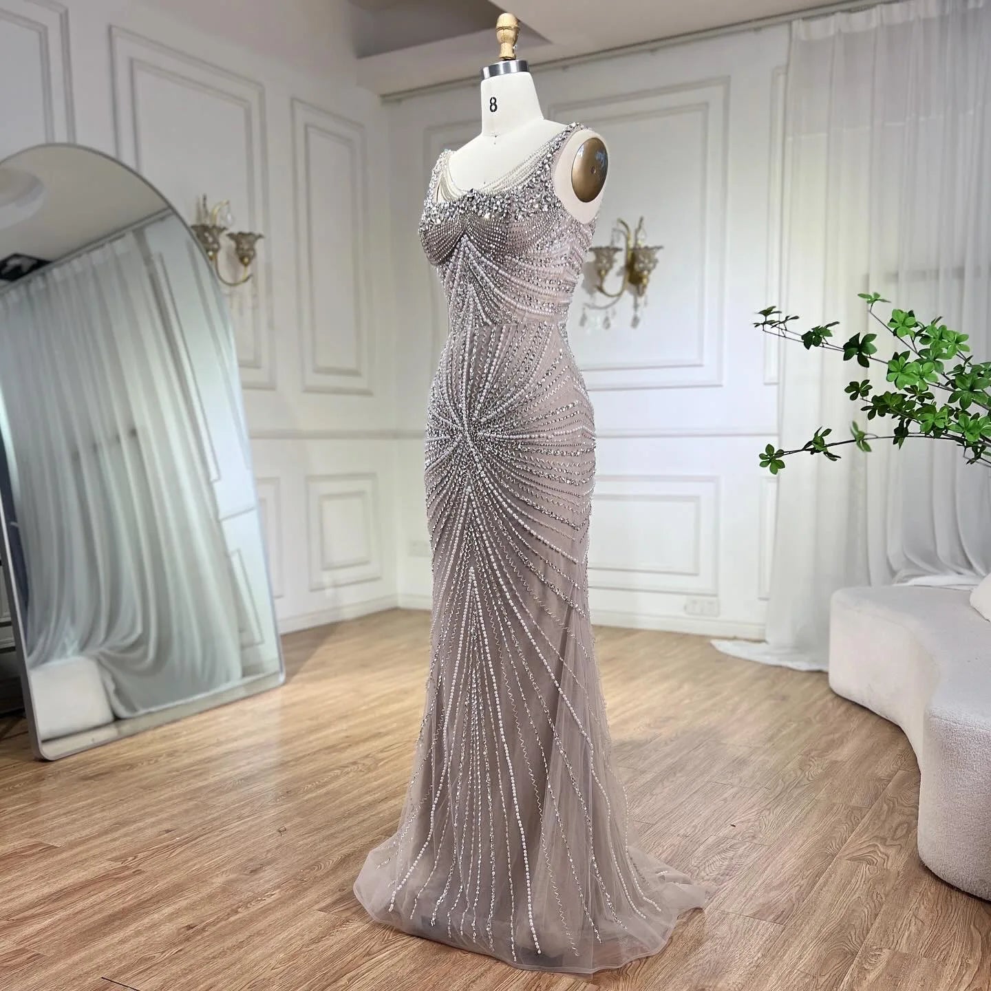 SERENE HILL 2024 Arabic Nude Spaghetti Strap Mermaid Luxury Beaded Evening Dresses Gowns For Women Wedding Party GLA72356