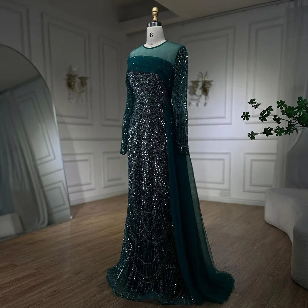 SERENE HILL 2024 Dubai Arabic Nude Mermaid Luxury Beaded Evening Dresses Gowns With Overskirt For Women Wedding Party GLA72254A