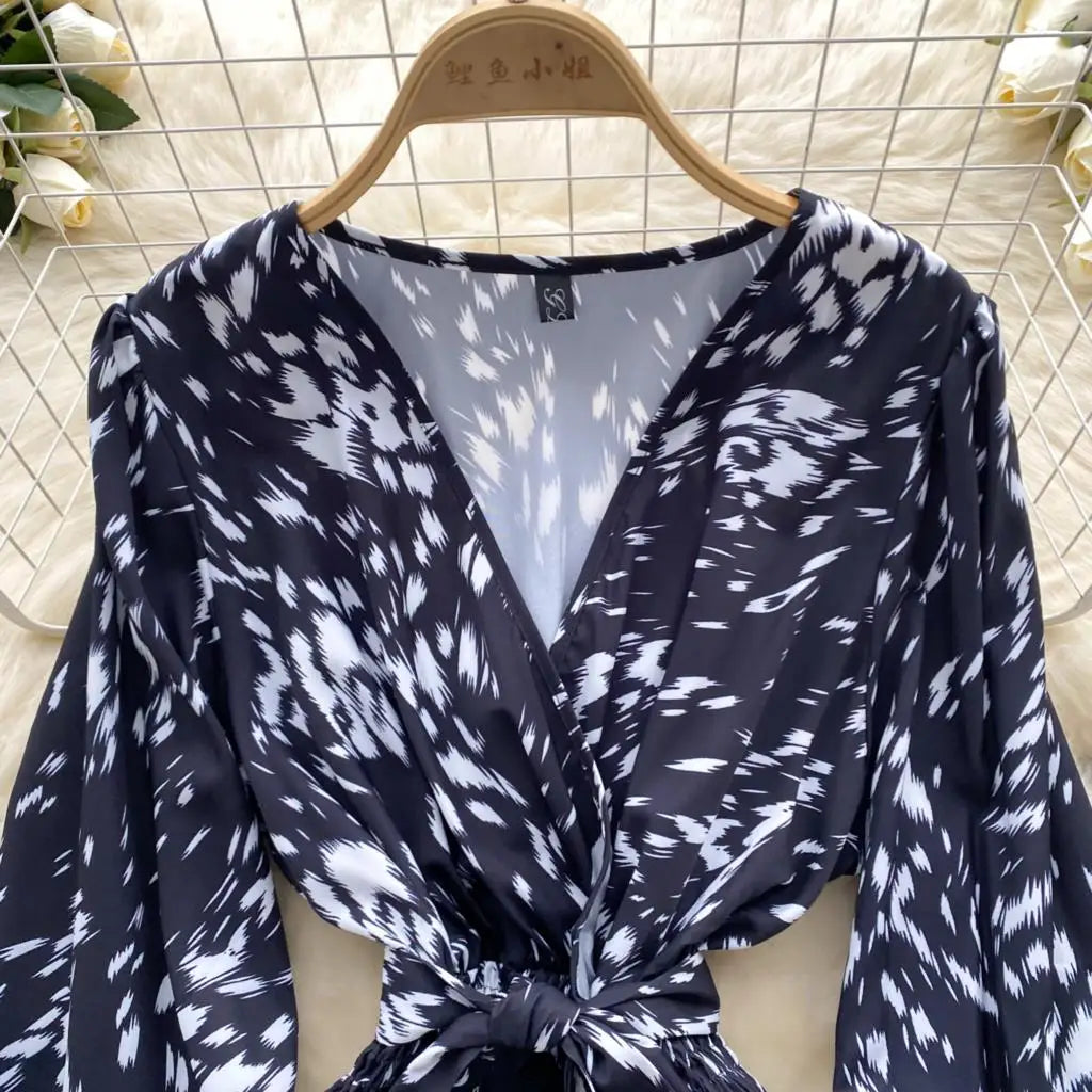 Women Casual Vintage Print Ruffle Long Dress Autumn Elegant V Neck Lantern Sleeve Party Mermaid Dresses Holiday Female Mujer New