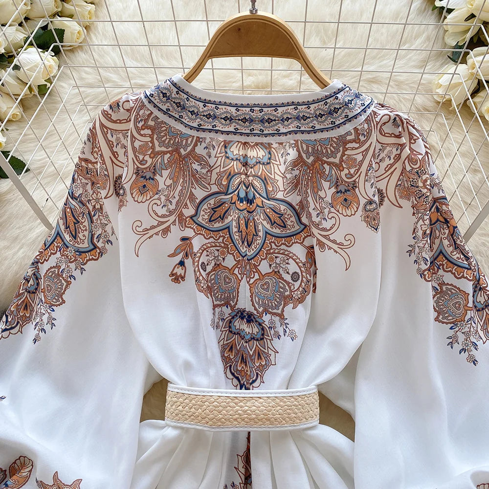 Holiday Dress For Women 2024 Bohemian Vintage Paisley Print Dress Spring 3/4 Sleeve V Neck Elegant Party Short Dresses With Belt