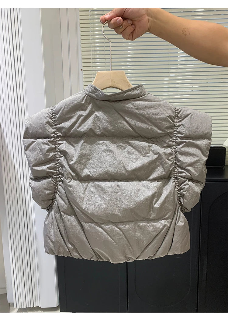 Women's Trendy Down Jacket Vest Winter Chic Sleeveless Zip Coat Round Neck Cropped Warm Waistcoat Female Spring 2024 New