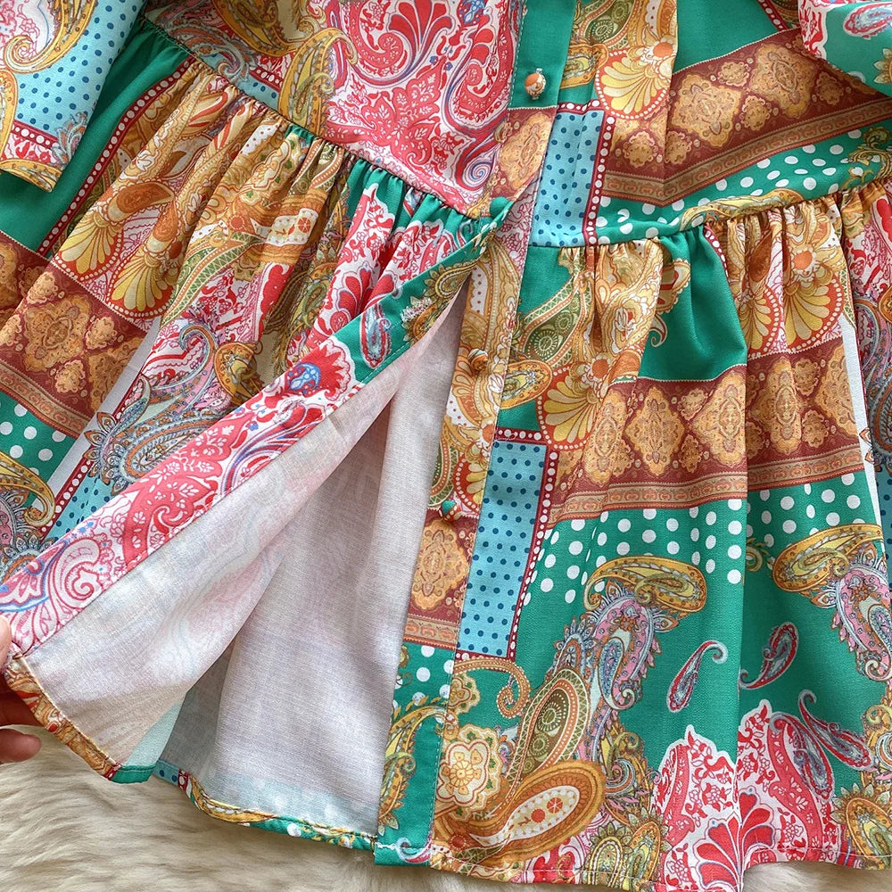 New In Dresses 2024 Spring Vintage Paisley Print Vacation Bohemian Dress Women Stand Collar Long Sleeve Mini Dress With Belt