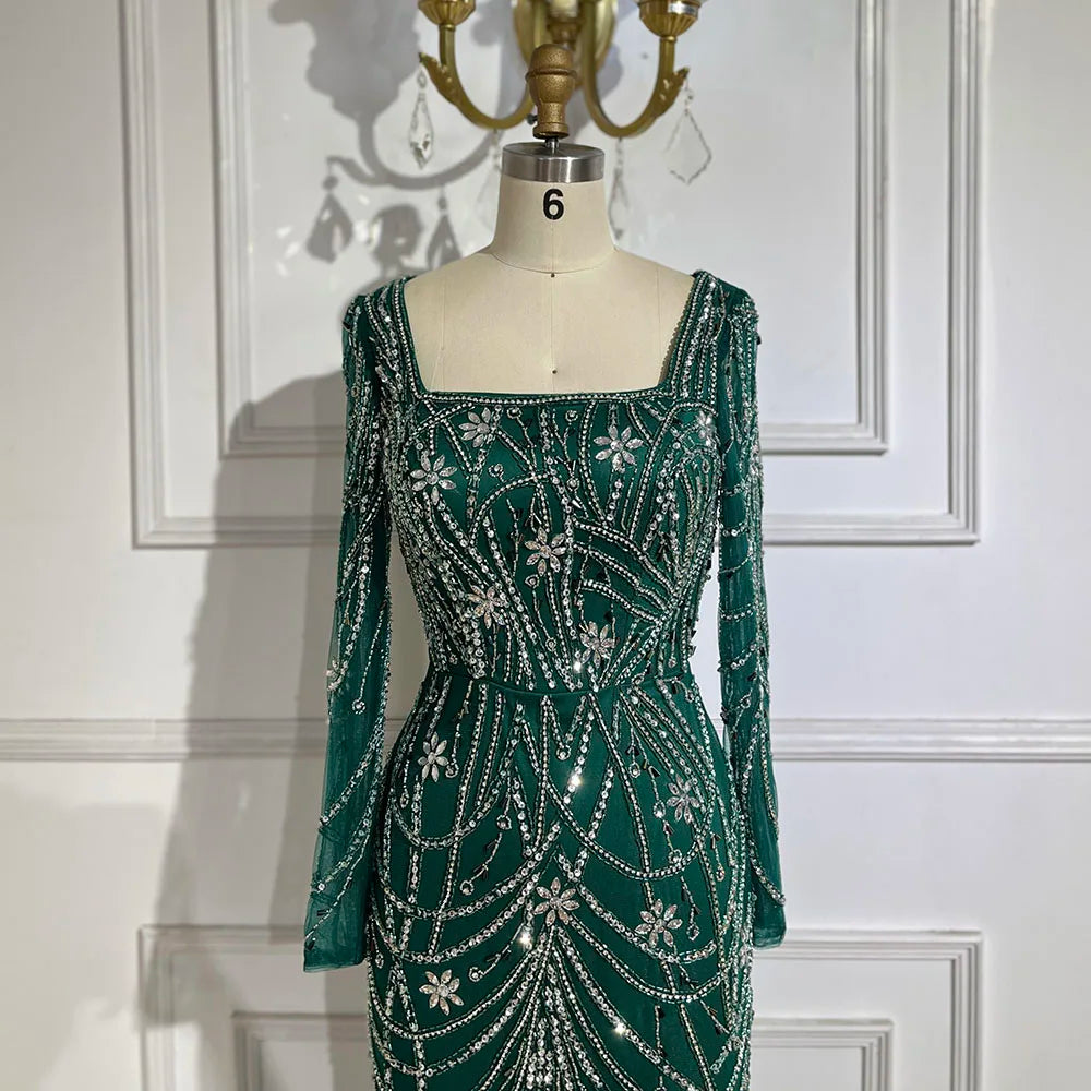 Serene Hill Luxury Dubai Green Mermaid Elegant Crystal Beaded Arabic Evening Dresses Gowns For Women Wedding Party 2023 BLA72242