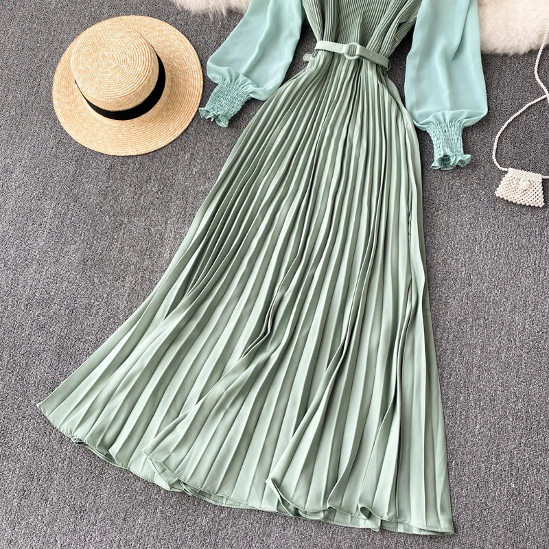 Chic Pleated Elegant Puff Sleeve Dress A-line Chiffon High Waist Belt Beach Vacation Party Dress Women Summer Spring Vestidos