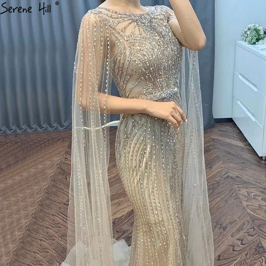 Serene Hill Brown Mermaid Elegant 2024 With Cape Sleeves Beaded Luxury Evening Dresses Gowns   For Women Party LA70638