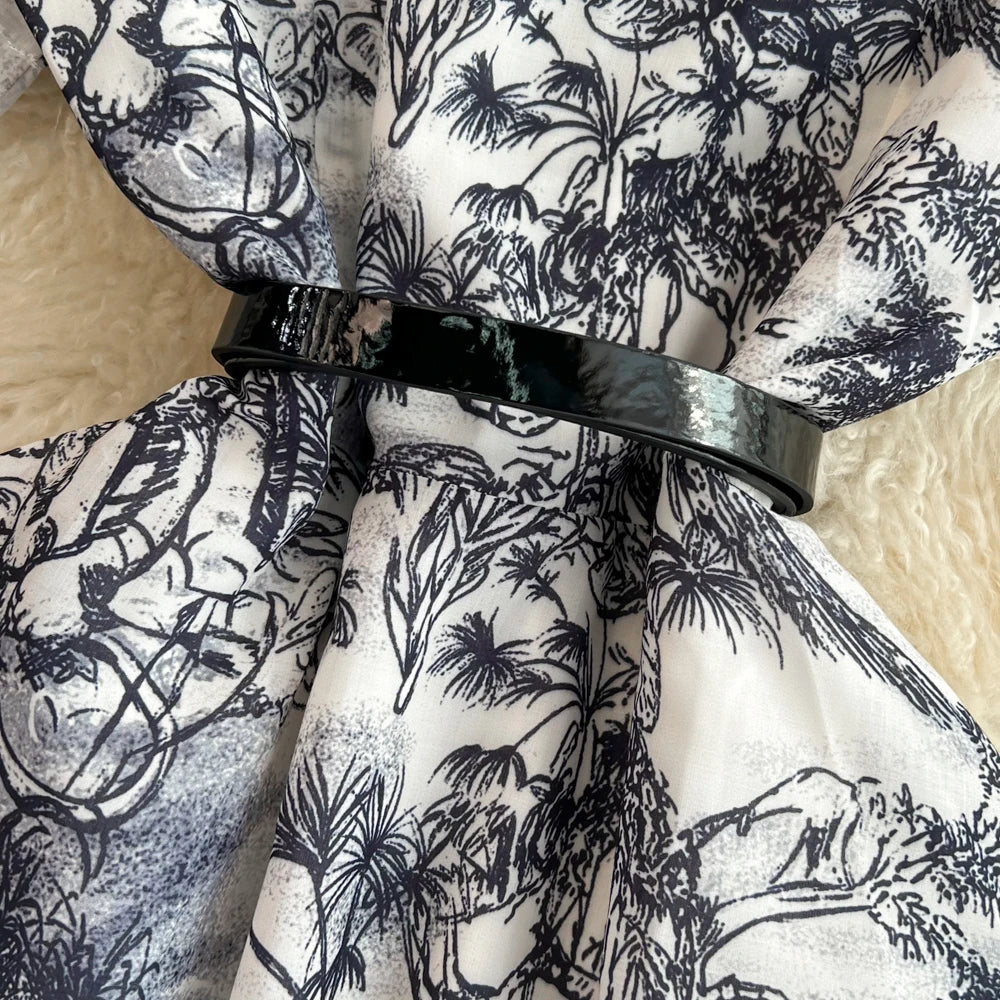 Summer Retro Shirt Dress Women Short Sleeved Lapel Single Breasted A-line Print Long Dresses Ladies Elegant Party Long Robe