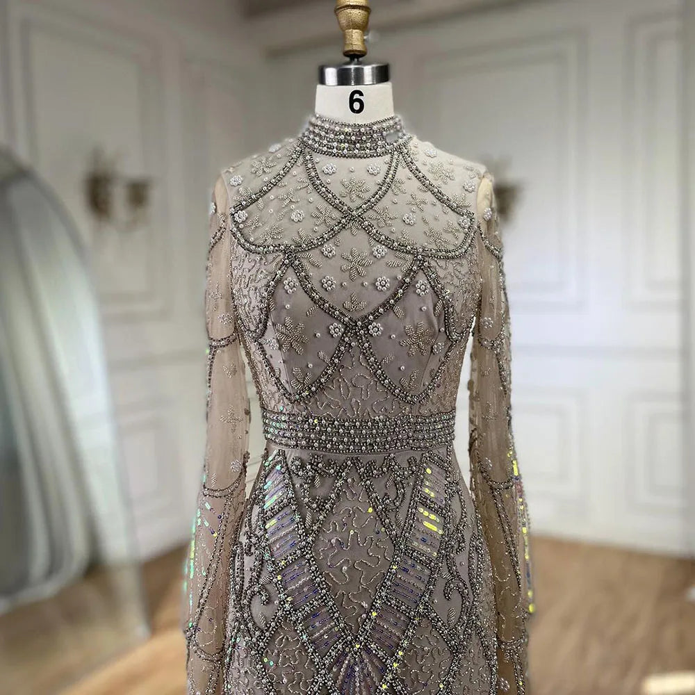 Serene Hill Muslim Grey Mermaid Elegant Nude Cape Sleeve Beaded Luxury Dubai Long Evening Dress 2024 Women's Party LA72316
