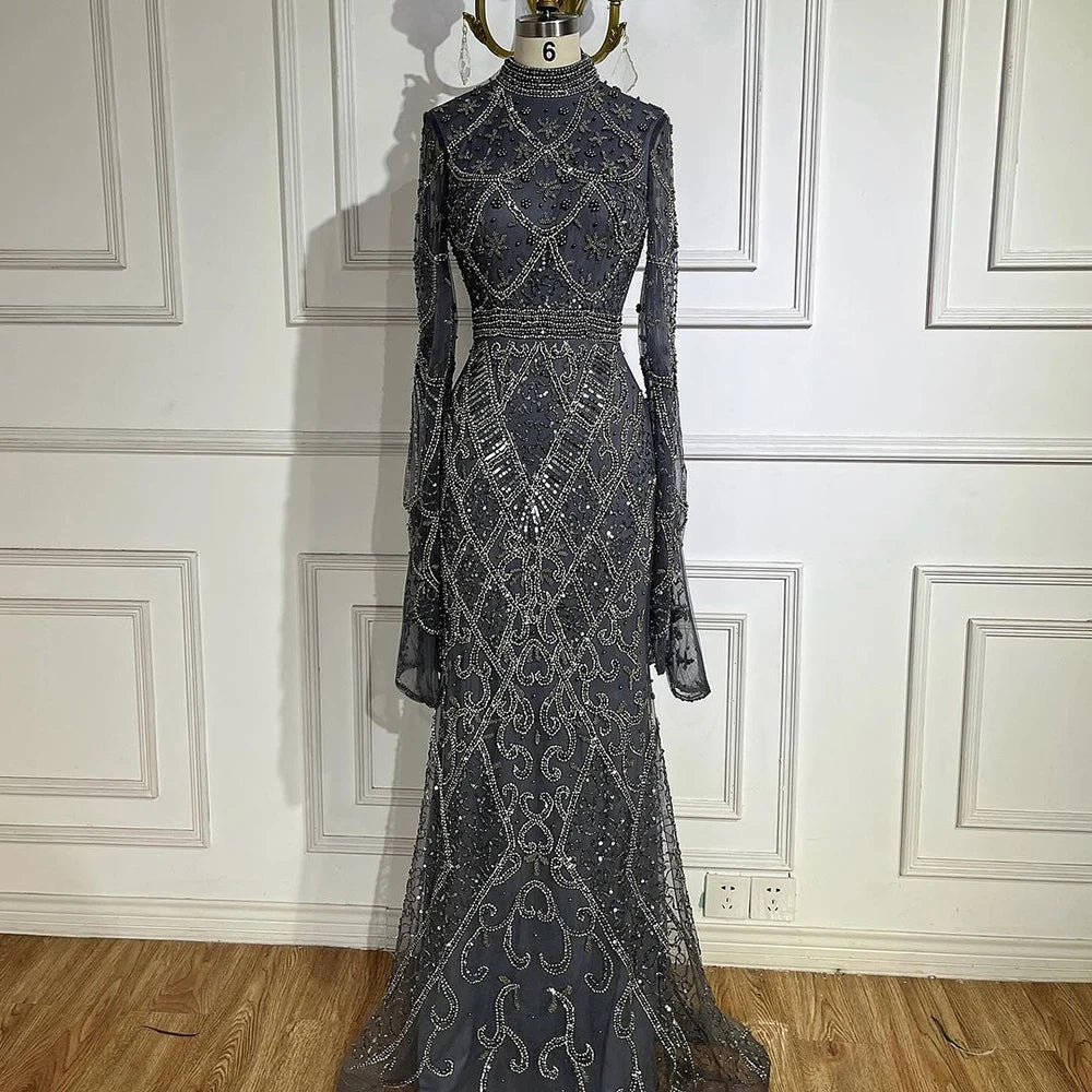 Serene Hill Muslim Grey Mermaid Elegant Nude Cape Sleeve Beaded Luxury Dubai Long Evening Dress 2024 Women's Party LA72316