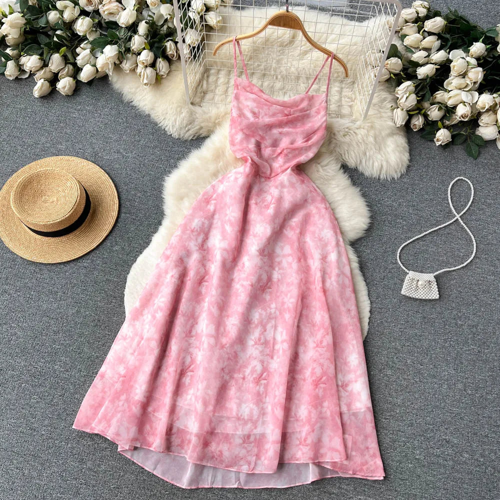 Women Pink Beach Dress Summer Sleeveless Hollow Out High Waist A-line Floral Printing Chiffon Dresses Ladies Casual Long Robe