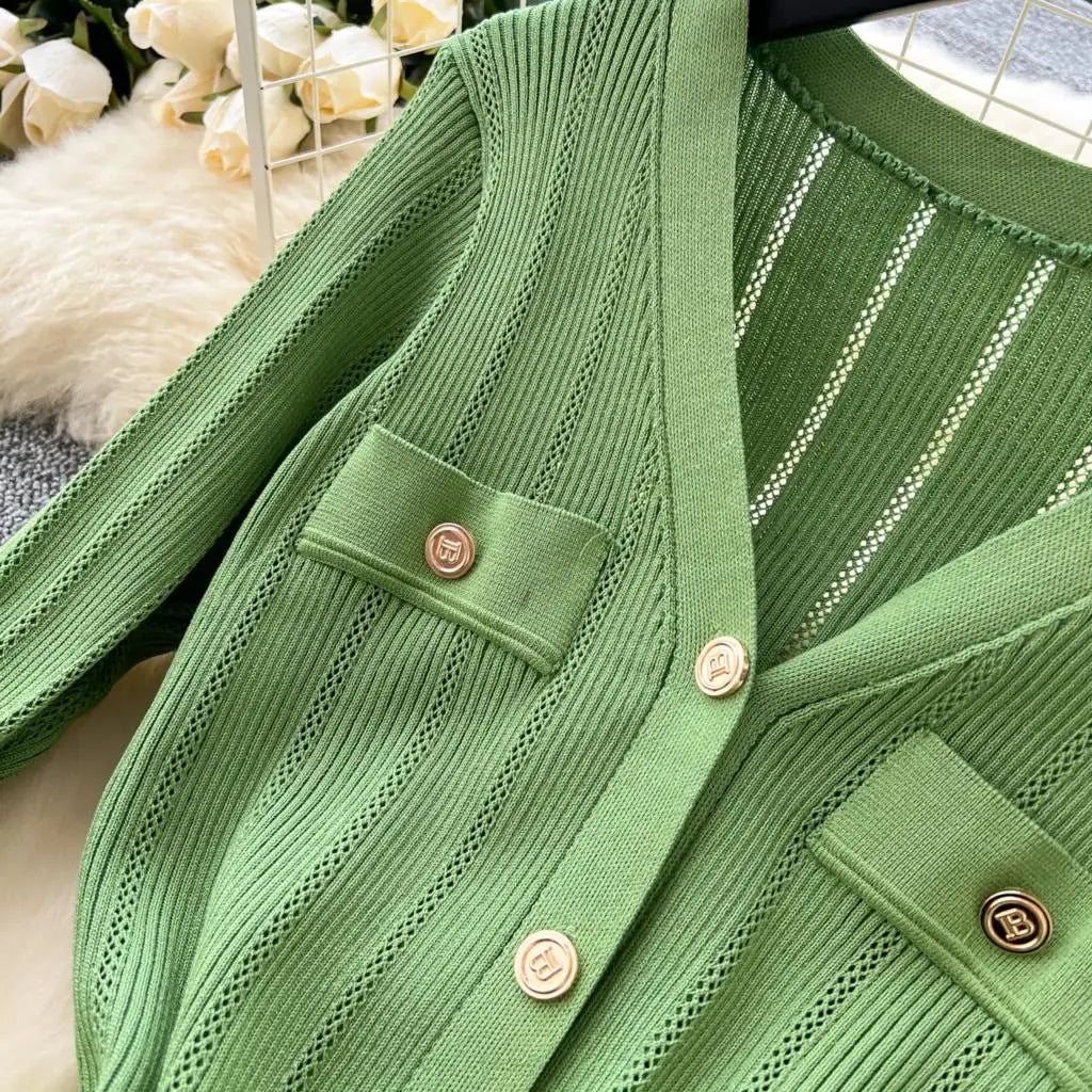 Elegant Women Solid Knitted Dresses Autumn V-Neck Single Breasted Chic Flared Sleeve Ruffles Hem Casual Female Slim Office Robes