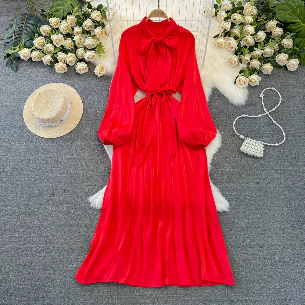 Autumn Elegant Women Fashion Party Long Dress Bow Lace Up Long Sleeve Evening Dresses A-Line Casual Vestidos One Piece Prom Robe