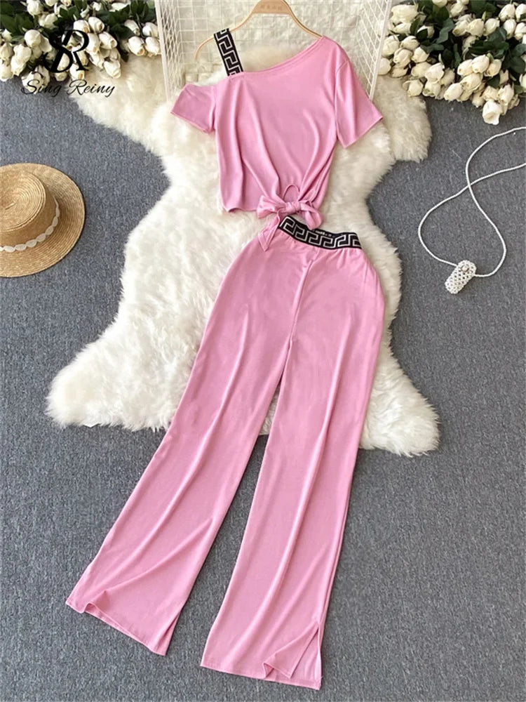 SINGREINY Vacation Casual Sports Suits Summer Off Shoulder Short Camis Tops+High Waist Wide Leg Pants Women Y2K Two Pieces Sets