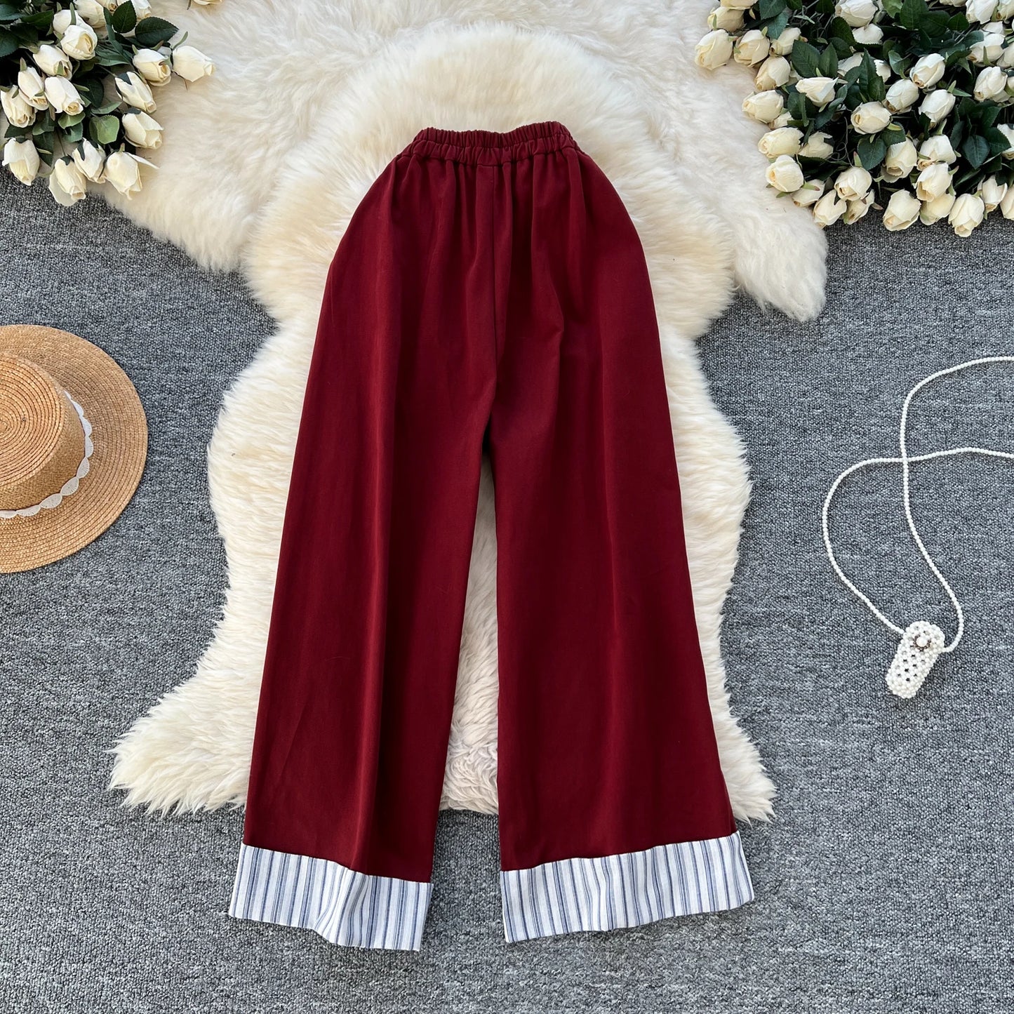 Vintage Striped High Waist Women Elegant Button Long Wide Leg Pants French High Street Streetwear Autumn Winter Basics Clothing