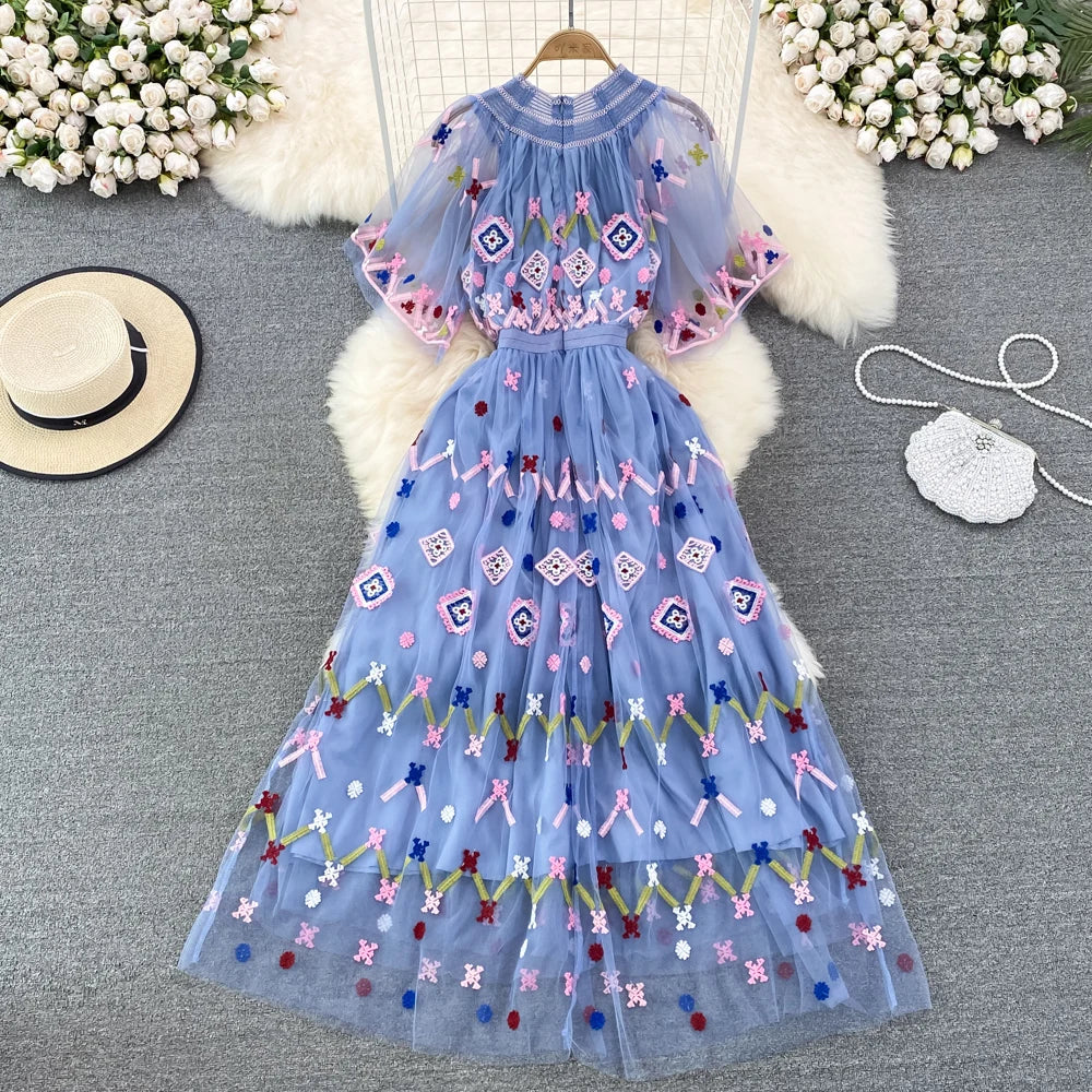 Summer Designer Fashion Runway Maxi Dress Women Short Sleeves Vintage High Quality Mesh Embroidery Long  Party Dress