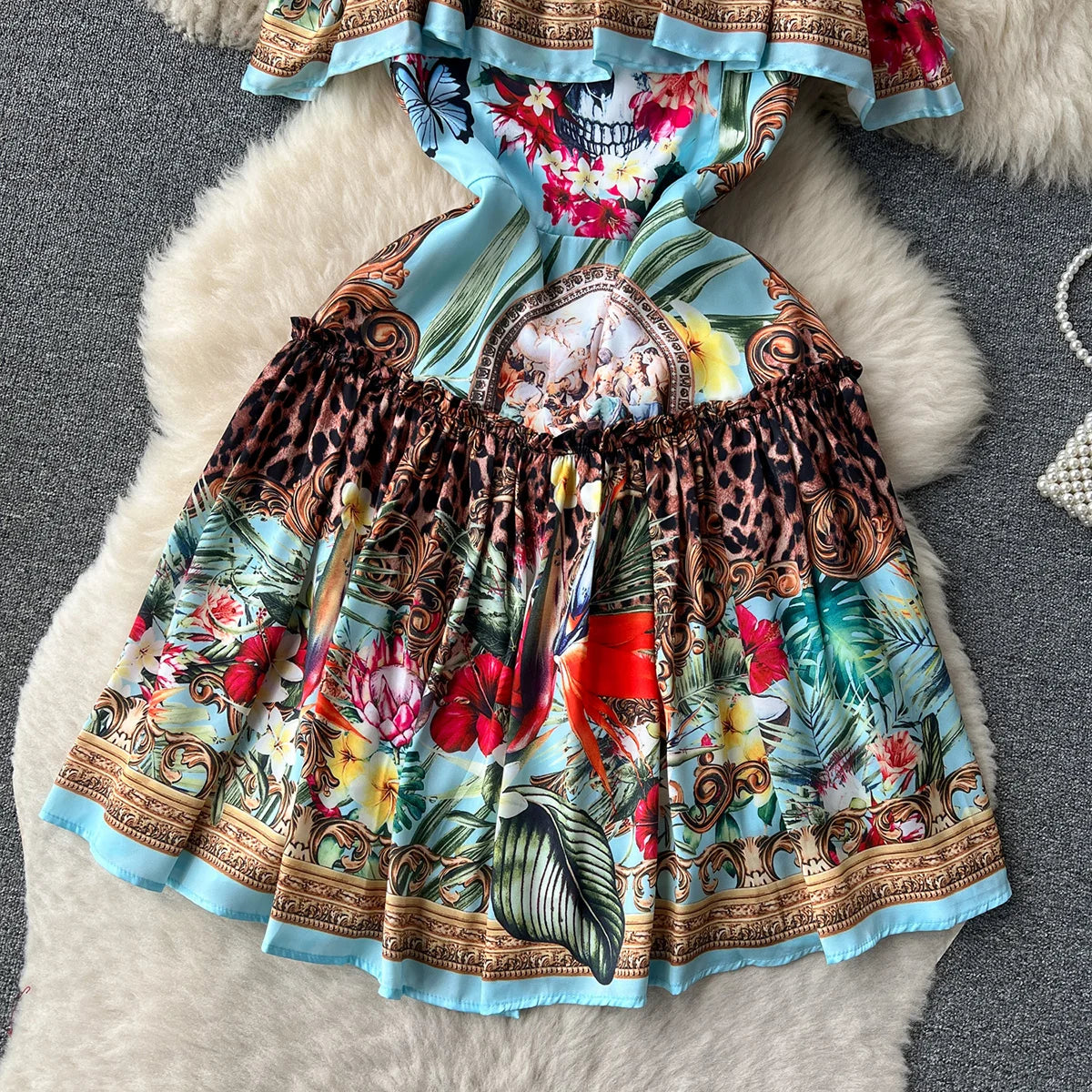Women Elegant Vintage Print Dress 2023 Layered Ruffle Straight Neckline Strap Off Shoulder Dress For Holiday Summer Mini Dress