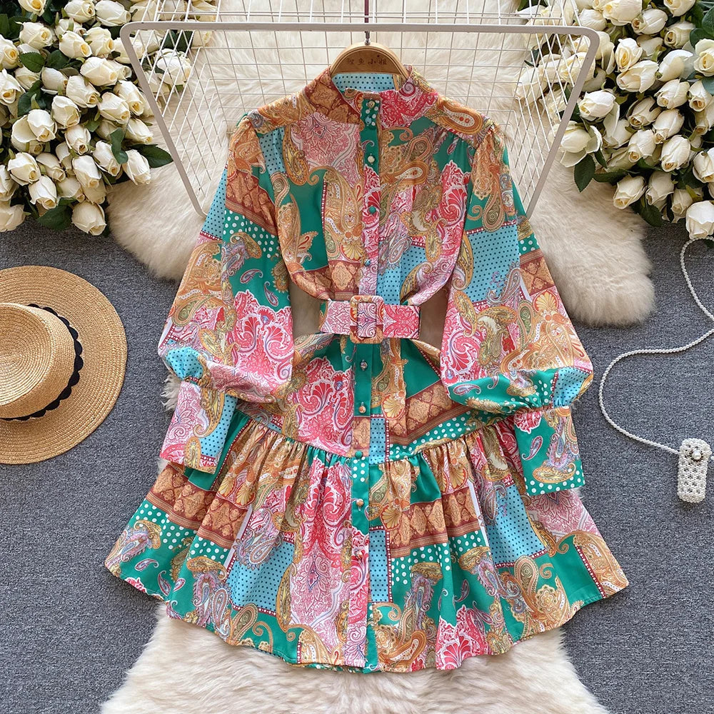 New In Dresses 2024 Spring Vintage Paisley Print Vacation Bohemian Dress Women Stand Collar Long Sleeve Mini Dress With Belt
