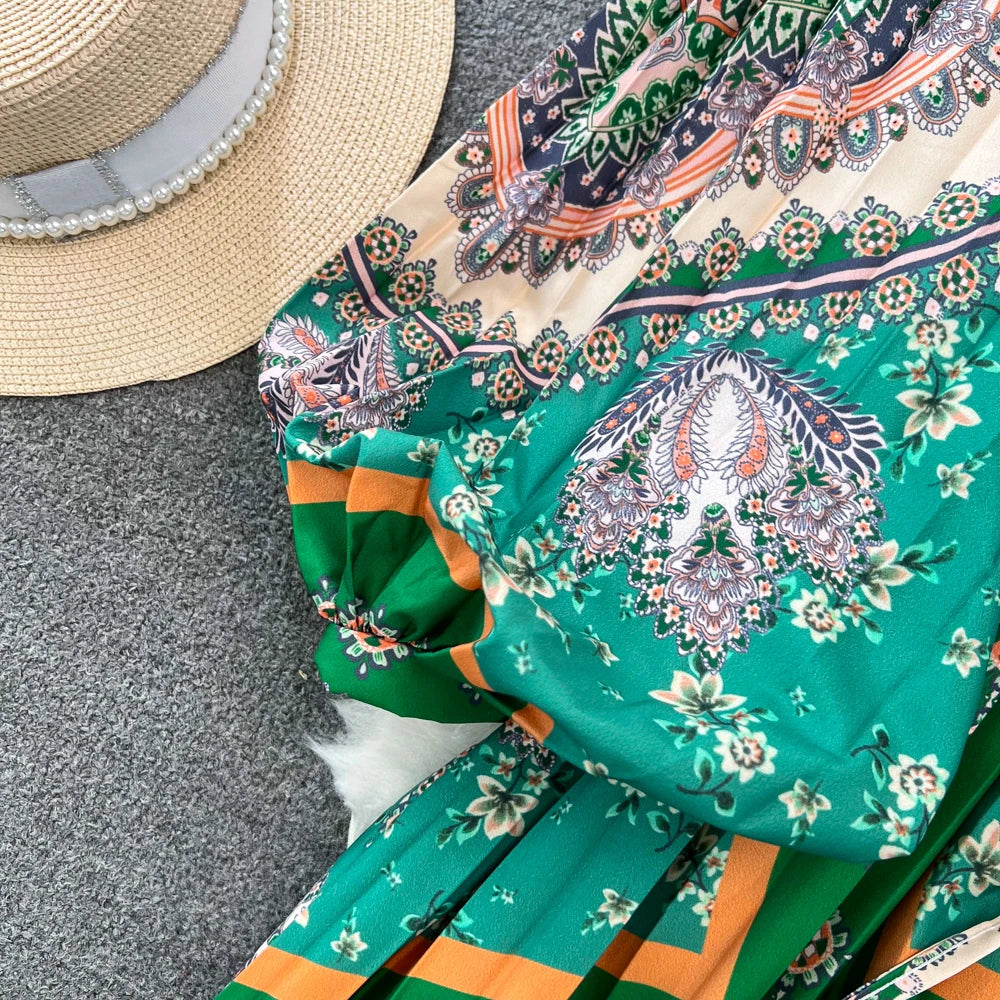 Women's Retro Ethnic Long Dresses Lantern Sleeves Bohemian Holiday Female Dress Robe Vestidos Para Mujer Spring Autumn Платье