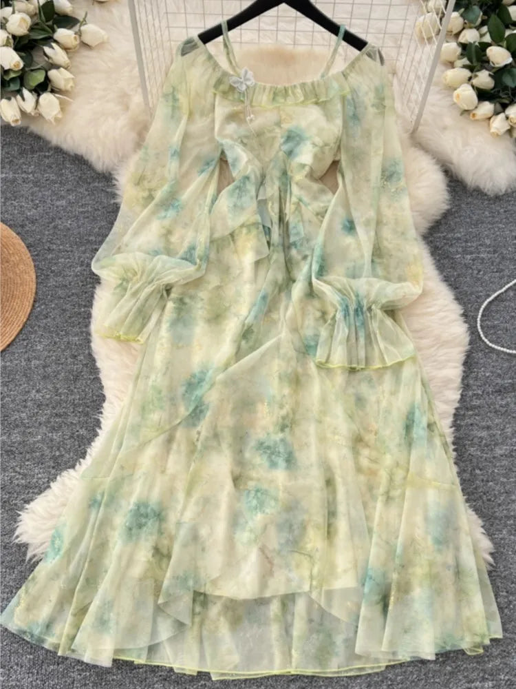 Elegant Bright Silk Print Party Dress for Women Casual Off Shoulder Spaghetti Strap Flare Sleeve Slim Waist Vestidos A-Line Robe