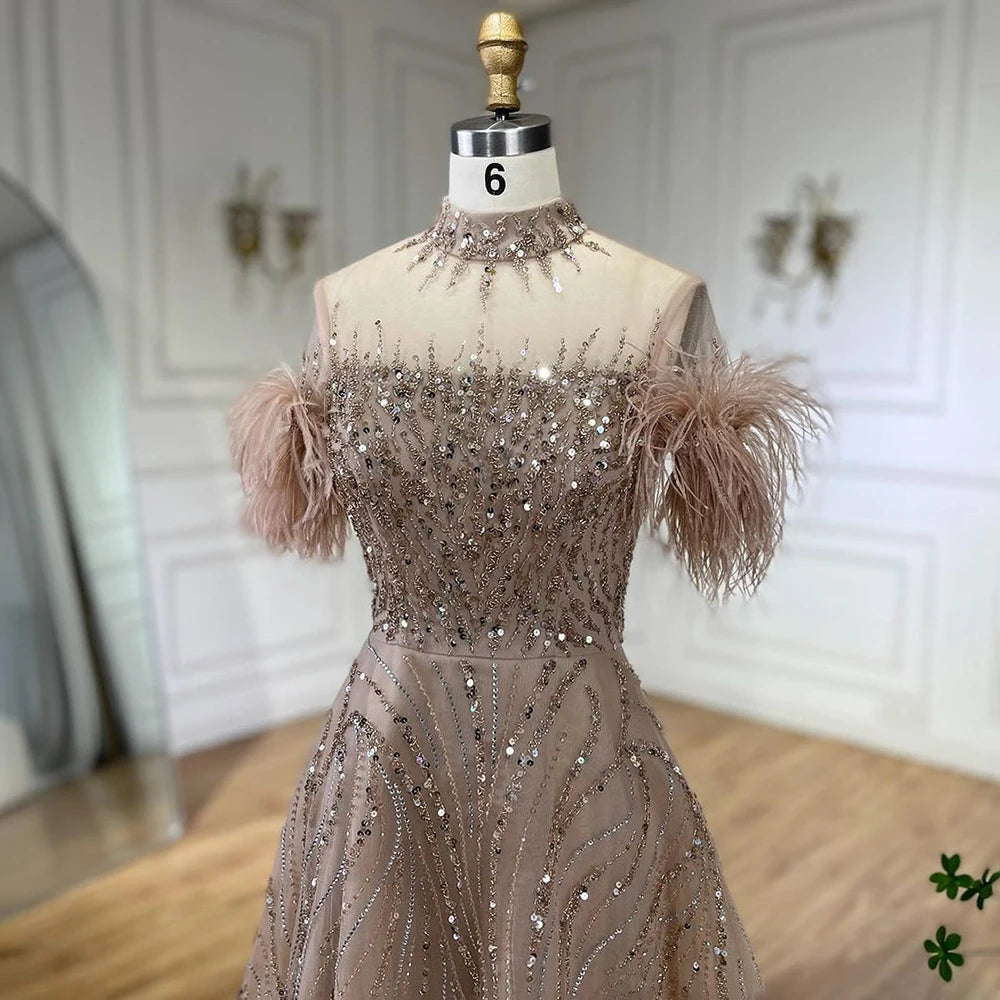 Serene Hill 2024 Arabic blue A Line Short Sleeveless Luxury Evening Dresses Beaded Feathers For Women Wedding Party LA72351