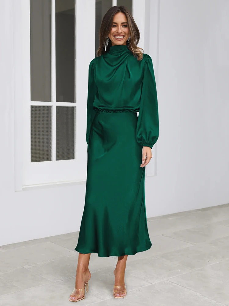 Spring Summer New High-End Satin Long Sleeved Dress Women's Ladylike Elegant Evening Dress Party Clothes Celebrity Dresses