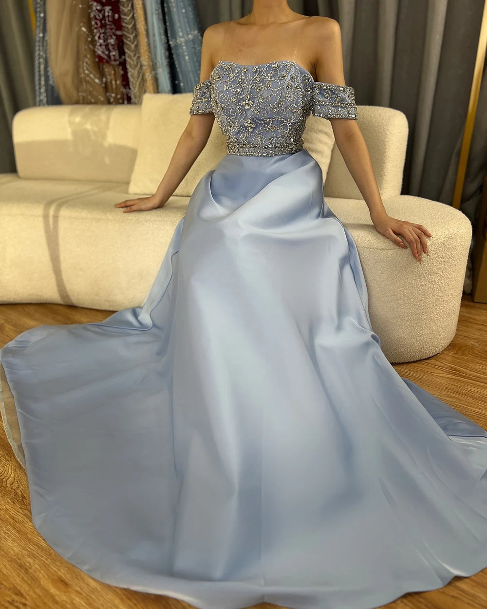 Serene Hill 2024 Saudi Arabic Elegant Blue Off-the-Shoulder A-Line Beaded Long Evening Gown for Formal Occasion LA72753
