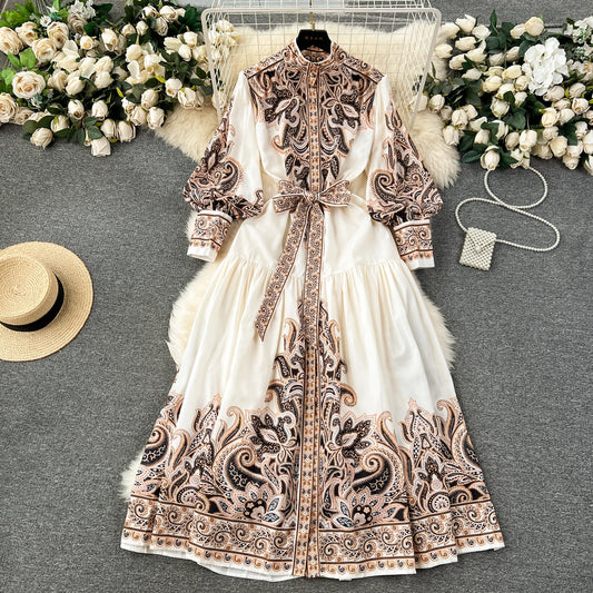 Vintage Print Elegant Half High Collar Lantern Long Sleeve  Dress A-line Casual Women Fashion Autumn Spring Vestidos