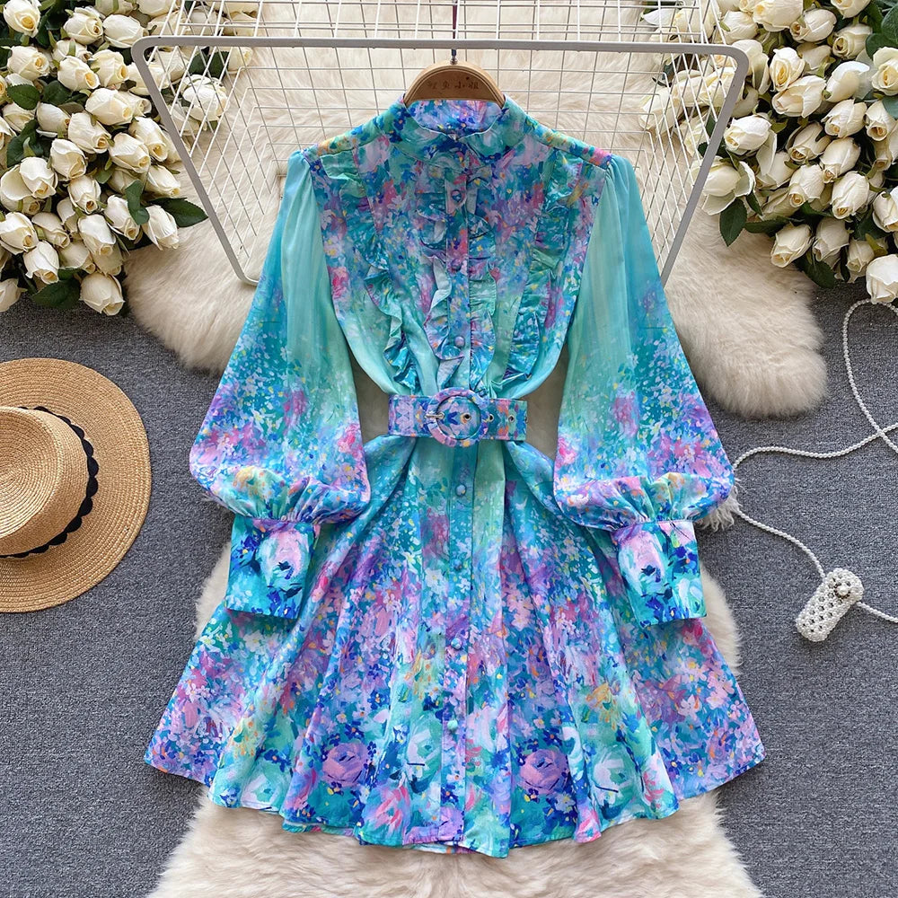 Mini Dresses For Women Frill Trim Long Sleeve Spring Vacation Dress Stand Collar Elegant Vintage Floral Print Dress With Belt