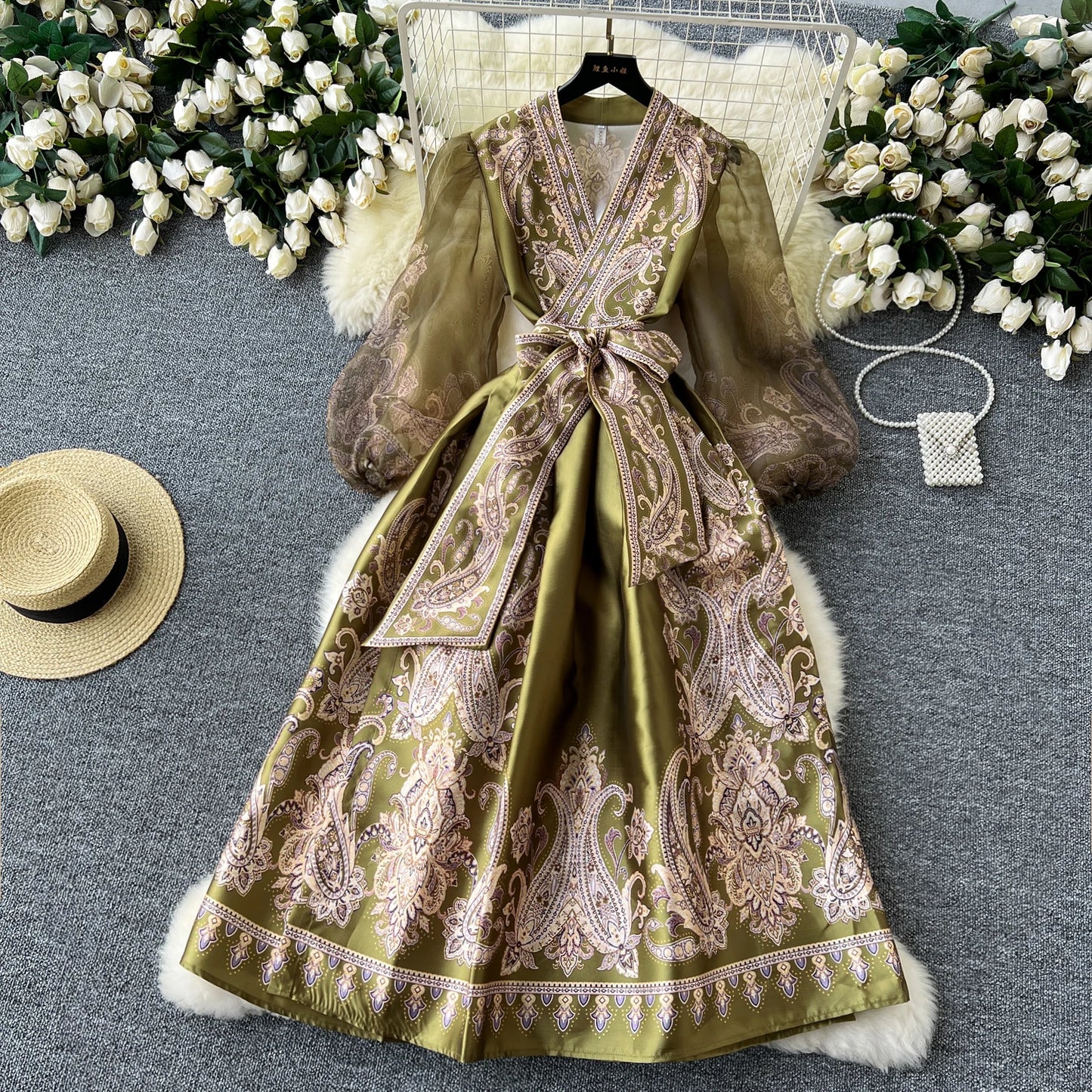 Vintage Elegant sweet puff sleeve Bandage Dress A-line Chic Casual Beach Vacation Women Summer dresses