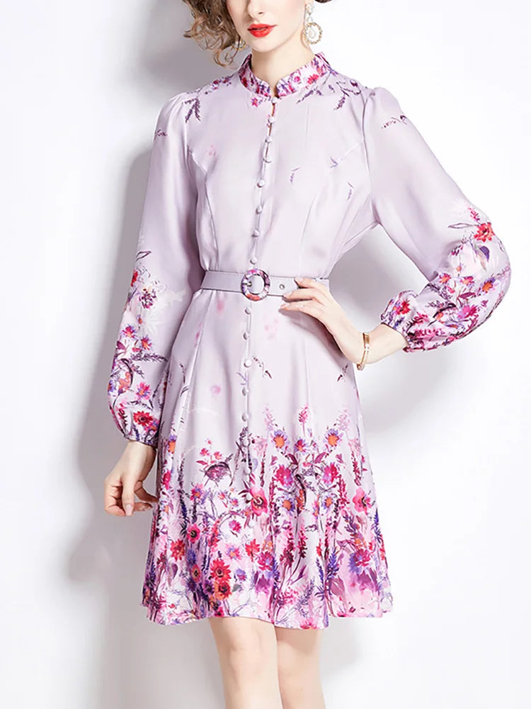 Spring Dresses 2024 Women Clothing Long Sleeve Party Elegant Dress With Belt Stand Collar Vintage Floral Print Holiday Dress