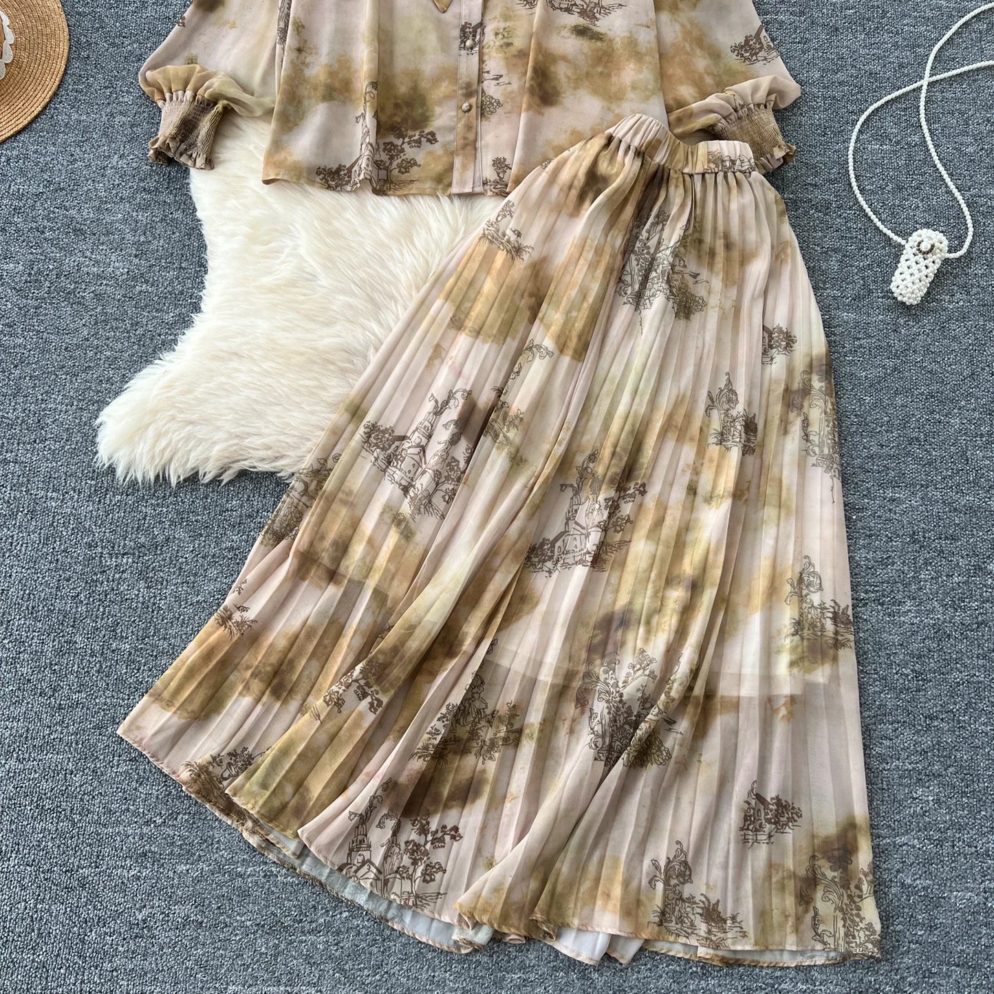 Women Chic Print Sweet Two Pieces Sets Bow Lantern Long Sleeve Top  High Waitst Wide Skirt Fashion Summer Sets