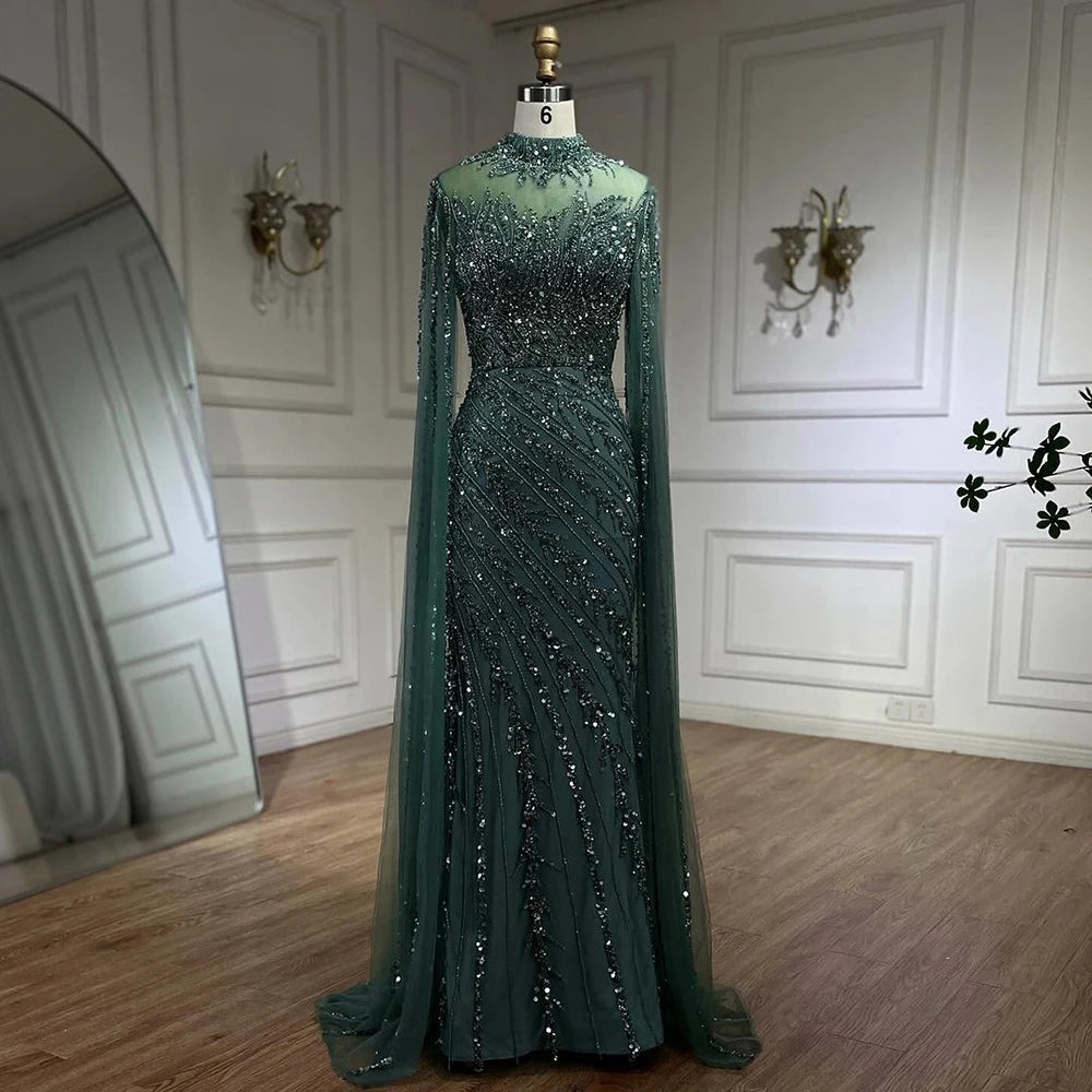 Serene Hill 2024 Nude Cape Sleeves Mermaid Lace Beaded Luxury Dubai Long Evening Dresses Gowns for Women Wedding Party BLA71885A