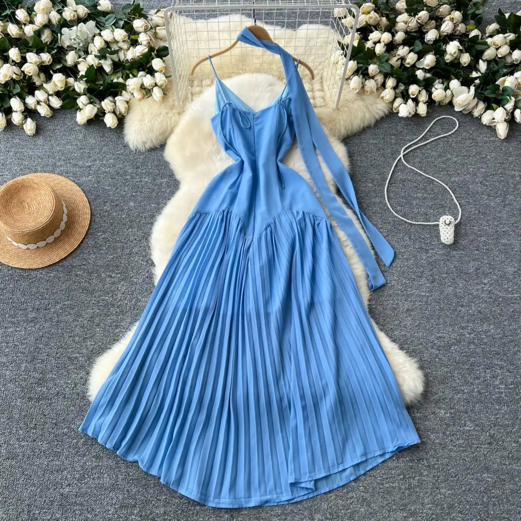 Summer Elegant Casual Women Solid Dress Halter A-Line Beach Holiday Party Long Robe Female Spaghetti Strap Boho Clothes Vestidos