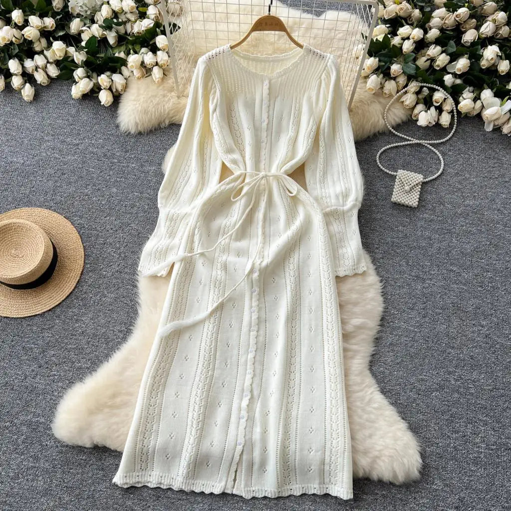 Elegant Autumn Solid Knitted Dresses for Women Sweet Hook Flower Hollow Strap A-line Korean Fashion Casual Vestidos Mujer New