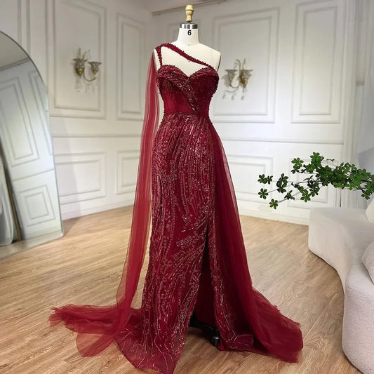 SERENE HILL 2024 Green One Shoulder Mermaid Evening Dresses With Cape Sideskirt  Luxury Gown For Women Wedding Party GLA72472