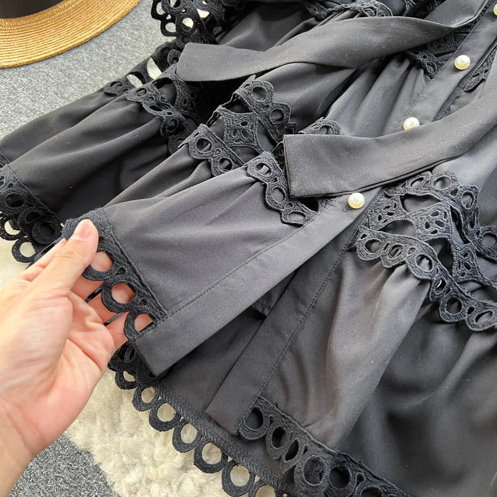 2023 Spring Summer Holiday Dress Women Stand Collar Long Sleeve Button Up Embroidery Trim Luxury Elegant Mini Dress With Belt