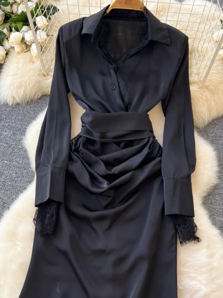 Elegant Solid Satin Midi Dress for Women Autumn Long Sleeve Lace Patchwork Office Work Shirt Dresses Lace-up Slim Waist Vestidos