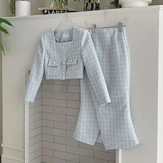 Vintage Tweed 2-piece Spring Autumn Women’s Elegant Two Pieces Set Pearl Buckle Cropped Coats+Pencil Skirt Small Fragrant Suits