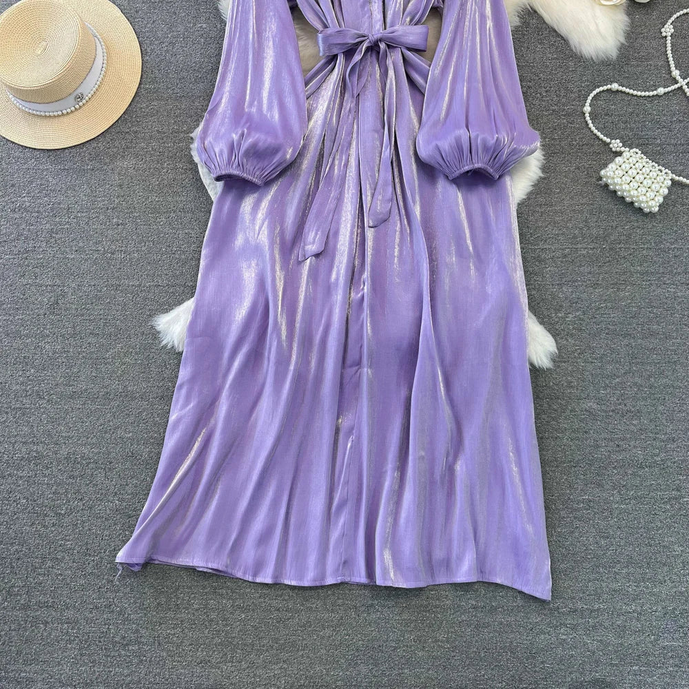 Autumn Elegant Women Fashion Party Long Dress Bow Lace Up Long Sleeve Evening Dresses A-Line Casual Vestidos One Piece Prom Robe