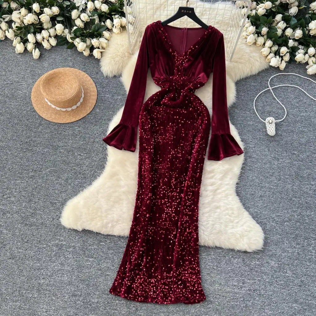 Women's Sexy Velvet Evening Gown Luxury Dresses V-Neck Flare Sleeve Split Long Dress Fashion Slim Robe Birthday Party Autumn New