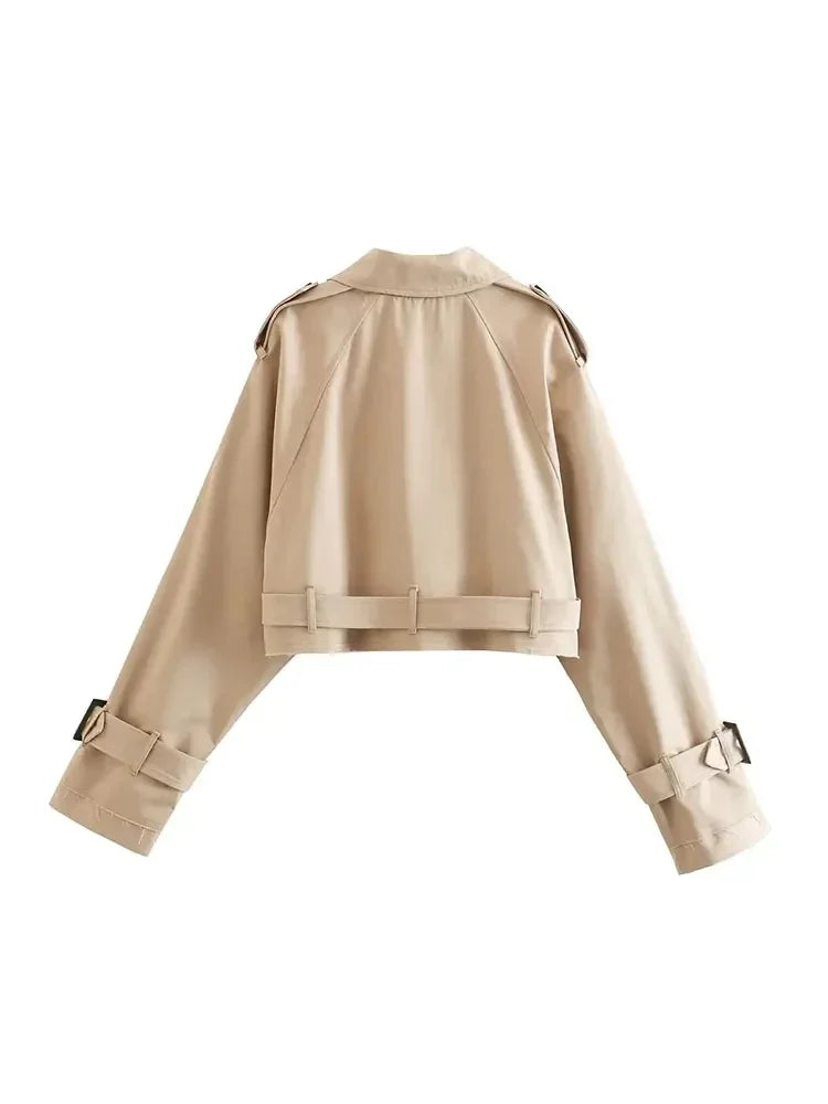 Fashion Belt Cropped Trench Spring Jacket Women Vintage Streetwear Double Breasted Long Sleeve Top Female Coat Outfits
