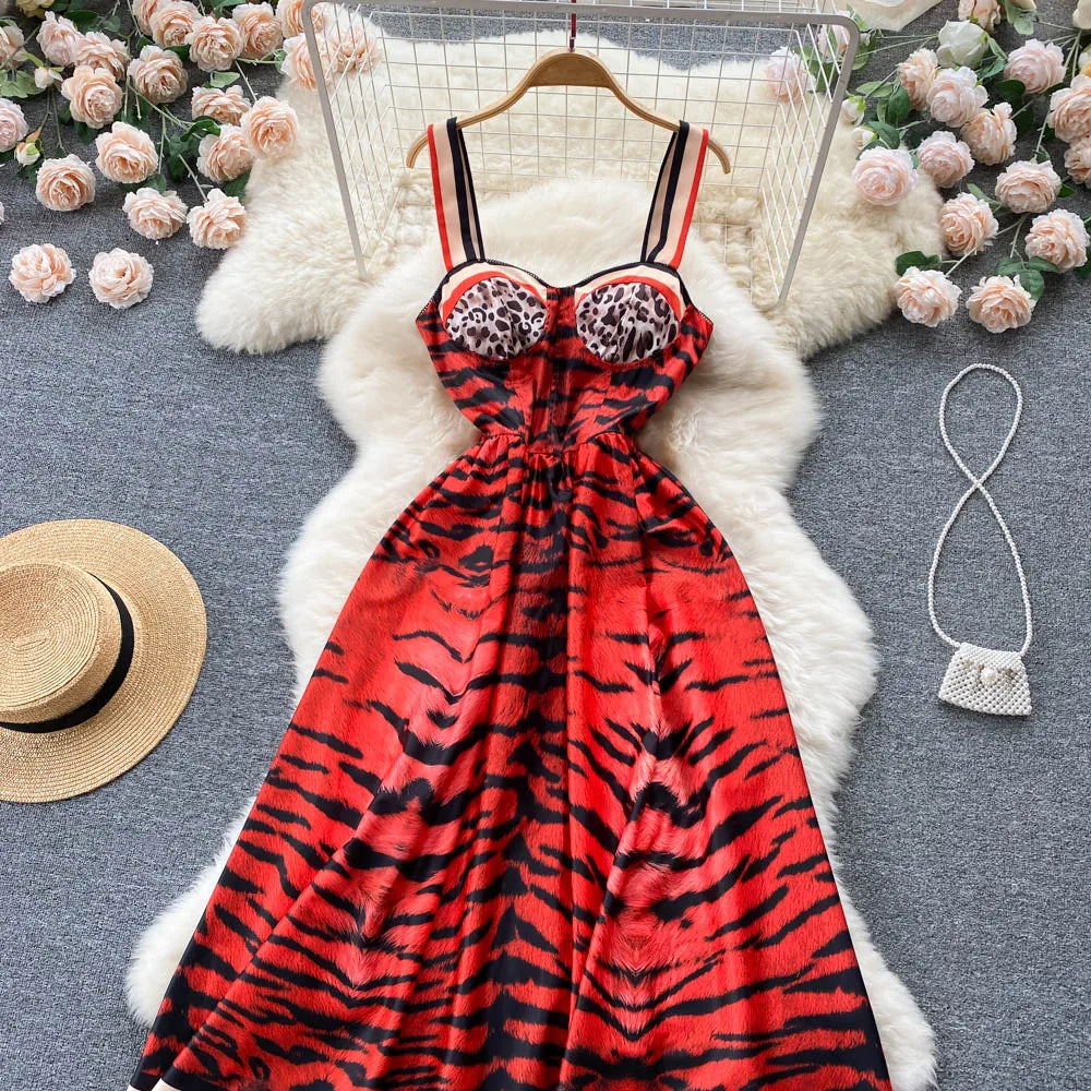 Women Vintage Party Dress Summer Leopard Print Three-dimensional Midi Dresses Ladies Elegant A Line High Waist Long Robe