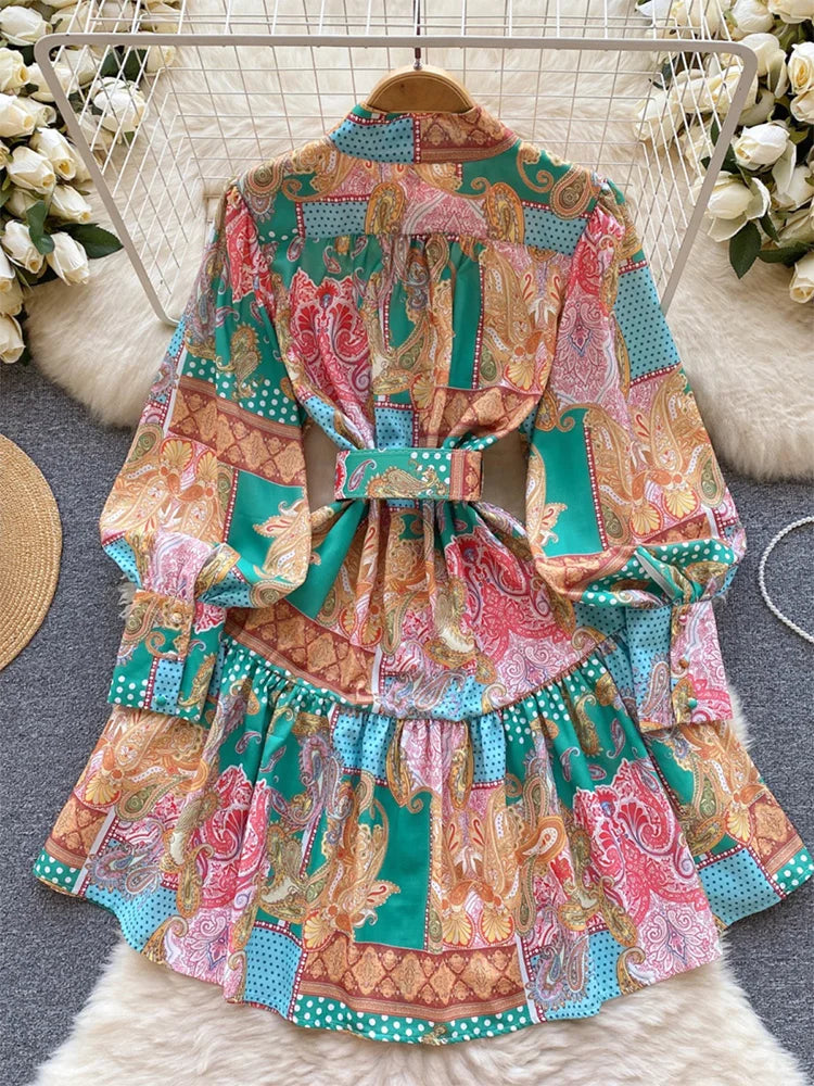 New In Dresses 2024 Spring Vintage Paisley Print Vacation Bohemian Dress Women Stand Collar Long Sleeve Mini Dress With Belt